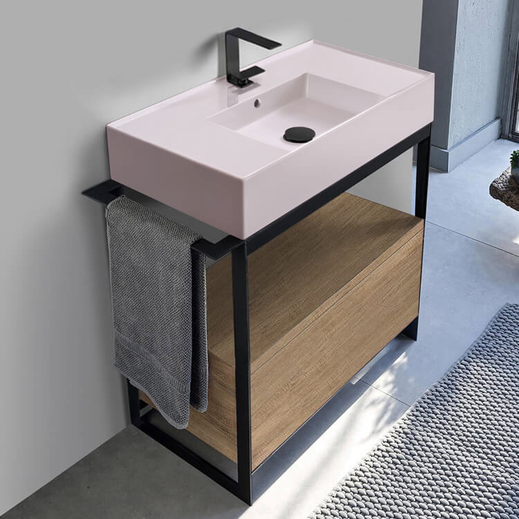 Scarabeo 5123-54-SOL1-89 Pink Sink Bathroom Vanity, Floor Standing, Natural Brown Oak, Modern, 35 Inch